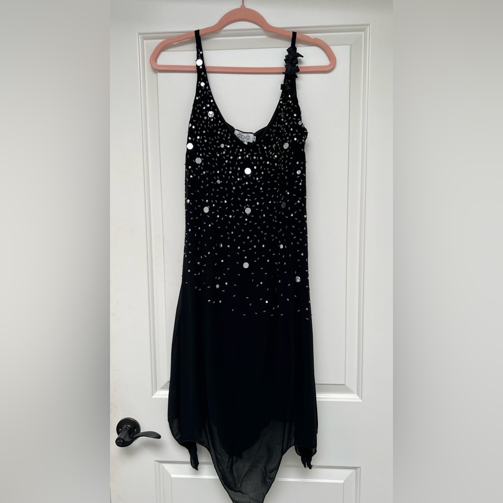 Black asymmetrical hem embellished beaded dress